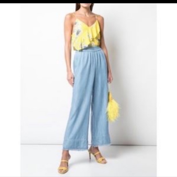 Alice + Olivia Pants - ALICE + OLIVIA BENNY FRAYED ANKLE WIDE LEG CHAMBRAY PANTS